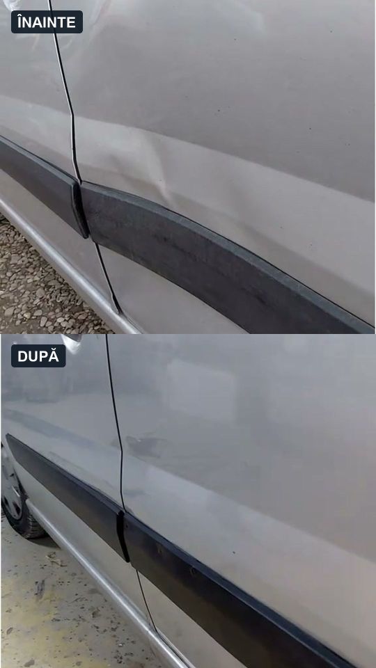 Autoutilitară argintie, ușă laterală înainte și după reparație, cazul real 05